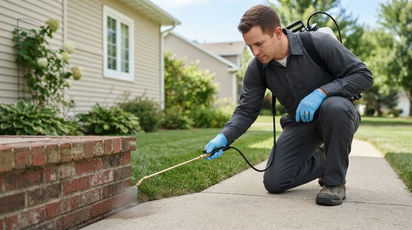 Pest control technician treating a home near Newton, MA